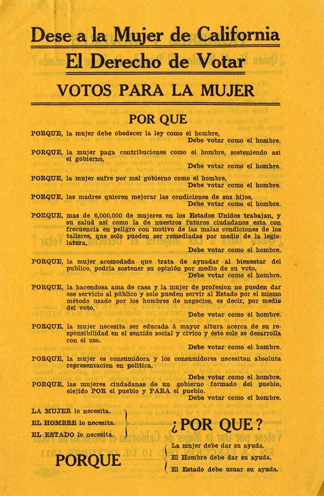 Pamphlet of the Los Angeles Political Equality League distributed by suffragist Maria de Lopez