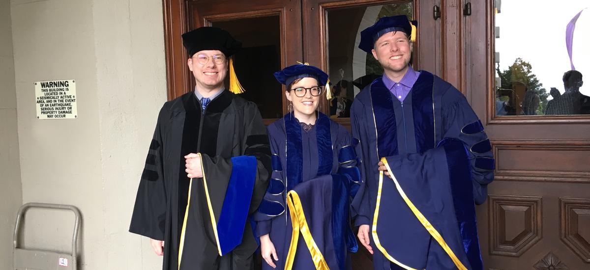 PhD recipients Nicholas Rolle, Emily Clem, and Kenneth Baclawski, Jr. PhD recipients Nicholas Rolle, Emily Clem, and Kenneth Baclawski, Jr.