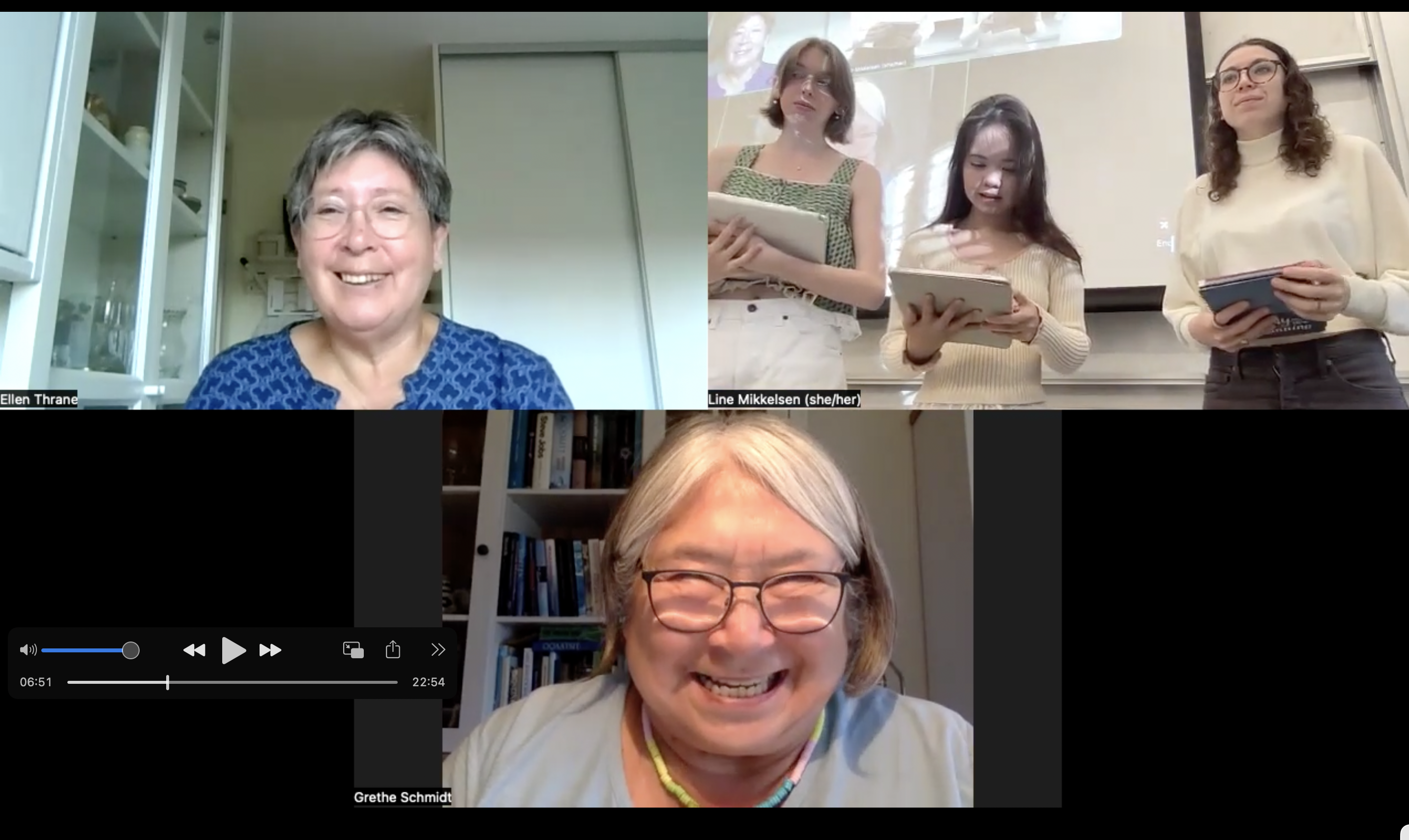 screen shot of Grethe and Ellen teaching Kalaallisut to Renée, Y and Hadley